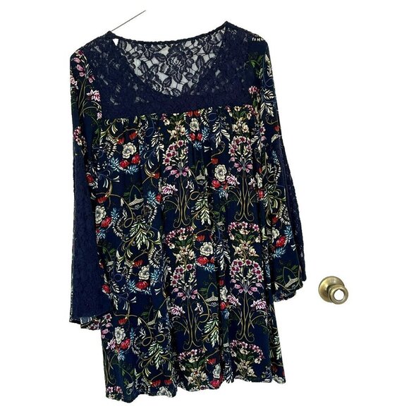 Entro Anthropologie Tunic sz S V Neck Trumpet Sleeve Dark Floral Fairy Lace - Picture 3 of 5